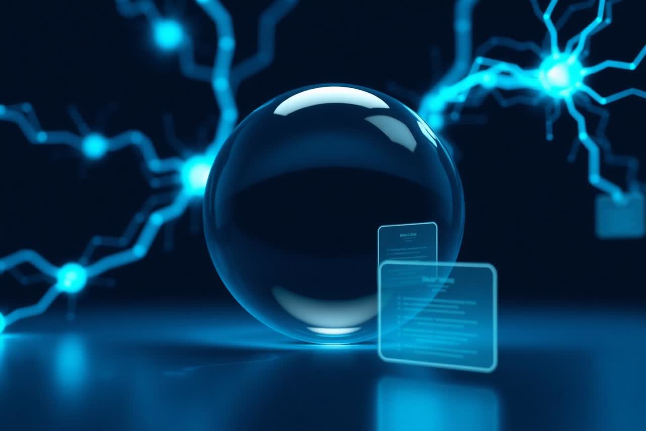 Glossy abstract render of AI agents processing financial documents