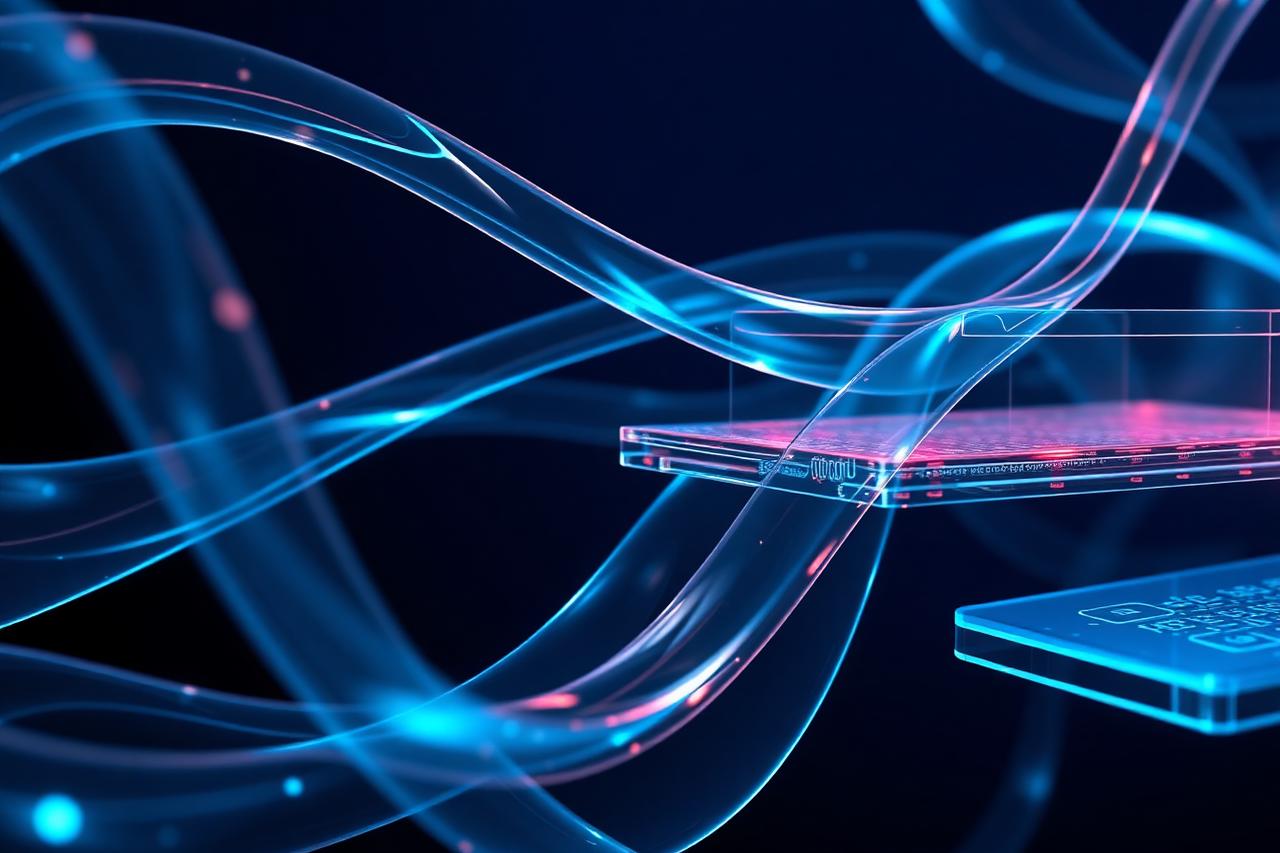 Glossy abstract visualization of NetXD's real-time banking infrastructure