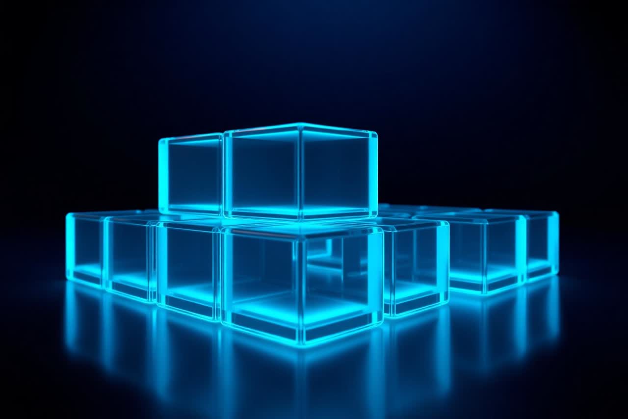 Glossy abstract render of stacked immutable ledger blocks